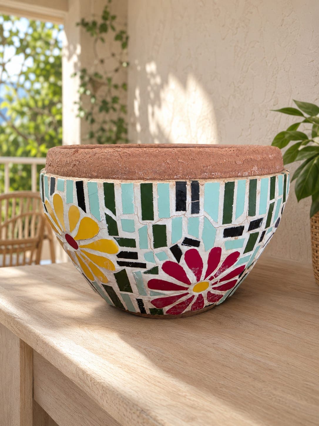 Vaso Cachepô Artesanal em Terracota com Mosaico Floral